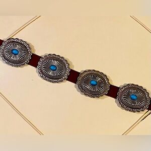 NEW leather belt w/ silver/turquoise medallions. Approx.41” total length.Heavy